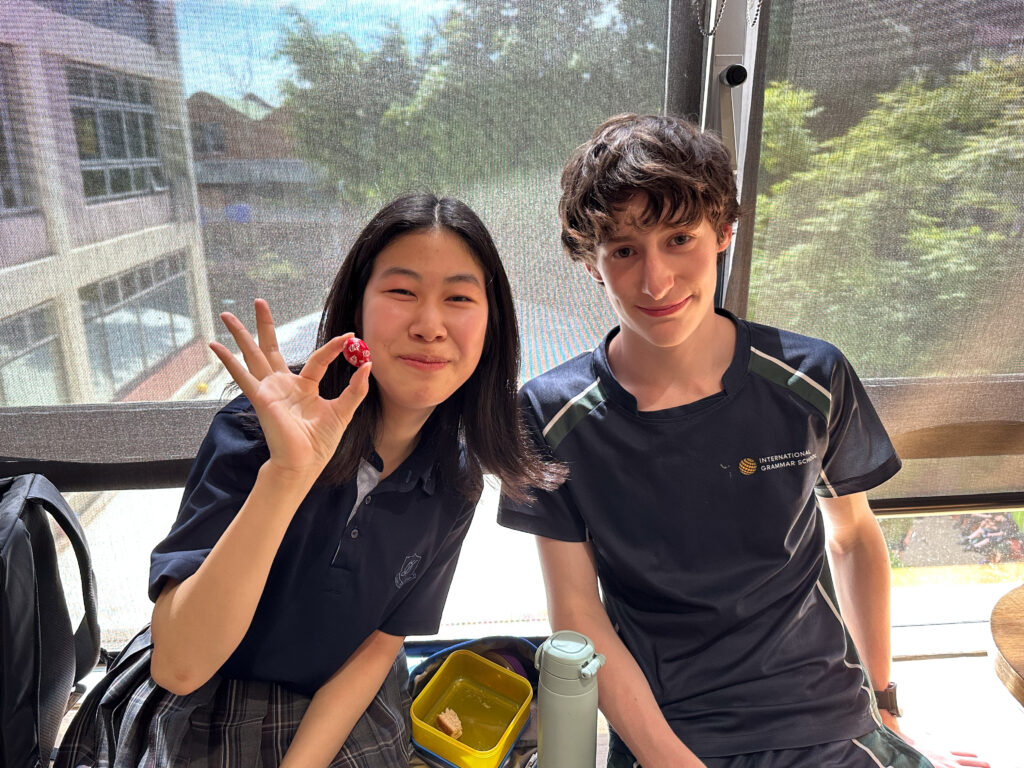 Two students sit side by side by a sunny window, building relationships over lunch. One smiles while holding up food, the other smiles softly. Both wear dark school uniforms. A water bottle and lunch container sit on the table before them.