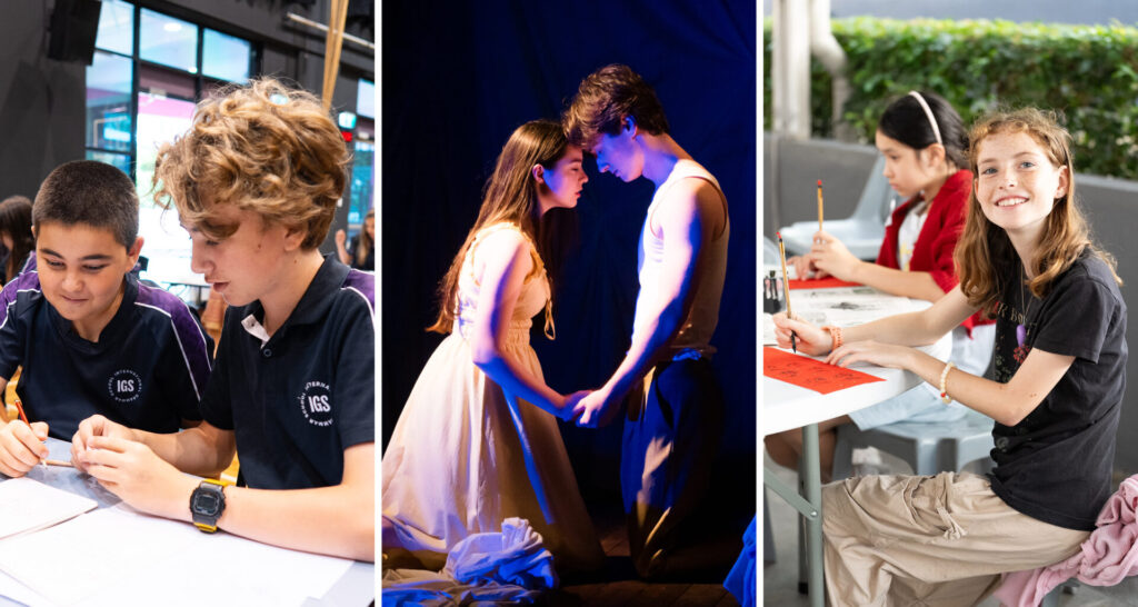 Three photos side by side show: two boys collaborating on schoolwork with determination, a dramatic stage scene with a boy and girl holding hands under blue light, and a girl smiling while writing at a table with classmates outdoors.