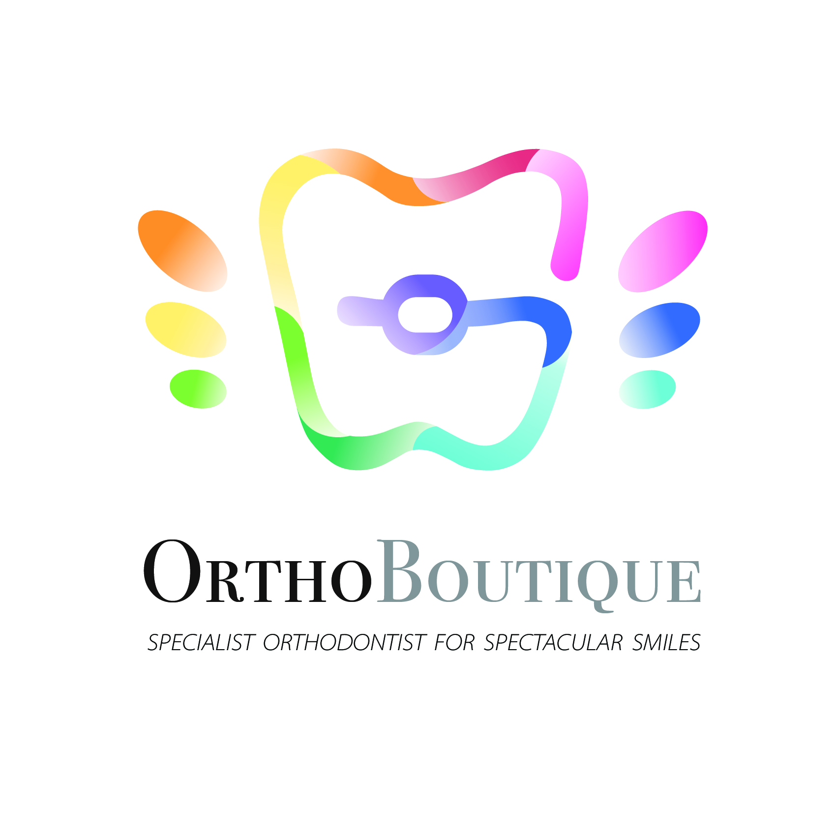 A colourful, abstract tooth logo with braces and wing-like shapes on each side. Below, the text reads ORTHOBOUTIQUE and SPECIALIST ORTHODONTIST FOR SPECTACULAR SMILES.