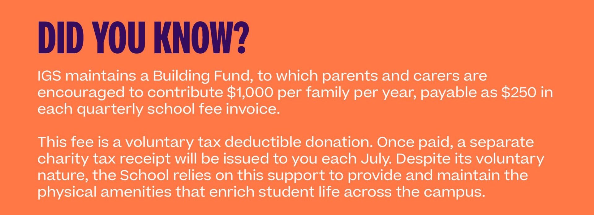 An orange graphic with navy and white text explains IGS’s Building Fund. Parents are encouraged to BUILDING JOY by contributing £1,000 per year or £250 each term, supporting school facilities. The goal is to double regular contributors this year.