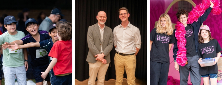 A collage of three images: children smiling at a sports event, two adults posing indoors, and kids on stage in Legally Blonde costumes with pink props—capturing the busy start of Term 2.