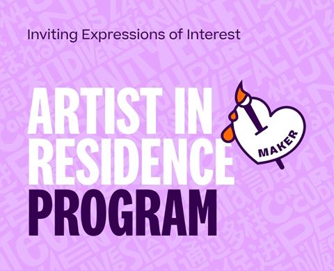 Purple graphic with text: Inviting Expressions of Interest. IGS ARTIST IN RESIDENCE PROGRAMME LAUNCH. A heart drawing with a paintbrush labelled MAKER is next to the text. Background features faint creative-themed words.