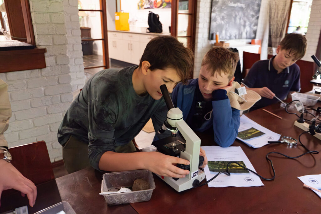 Two boys examine a specimen through a microscope on a wooden table whilst a third boy observes. Surrounded by papers and scientific materials, they recreate discoveries from their recent Habitat Walk in the classroom setting.
