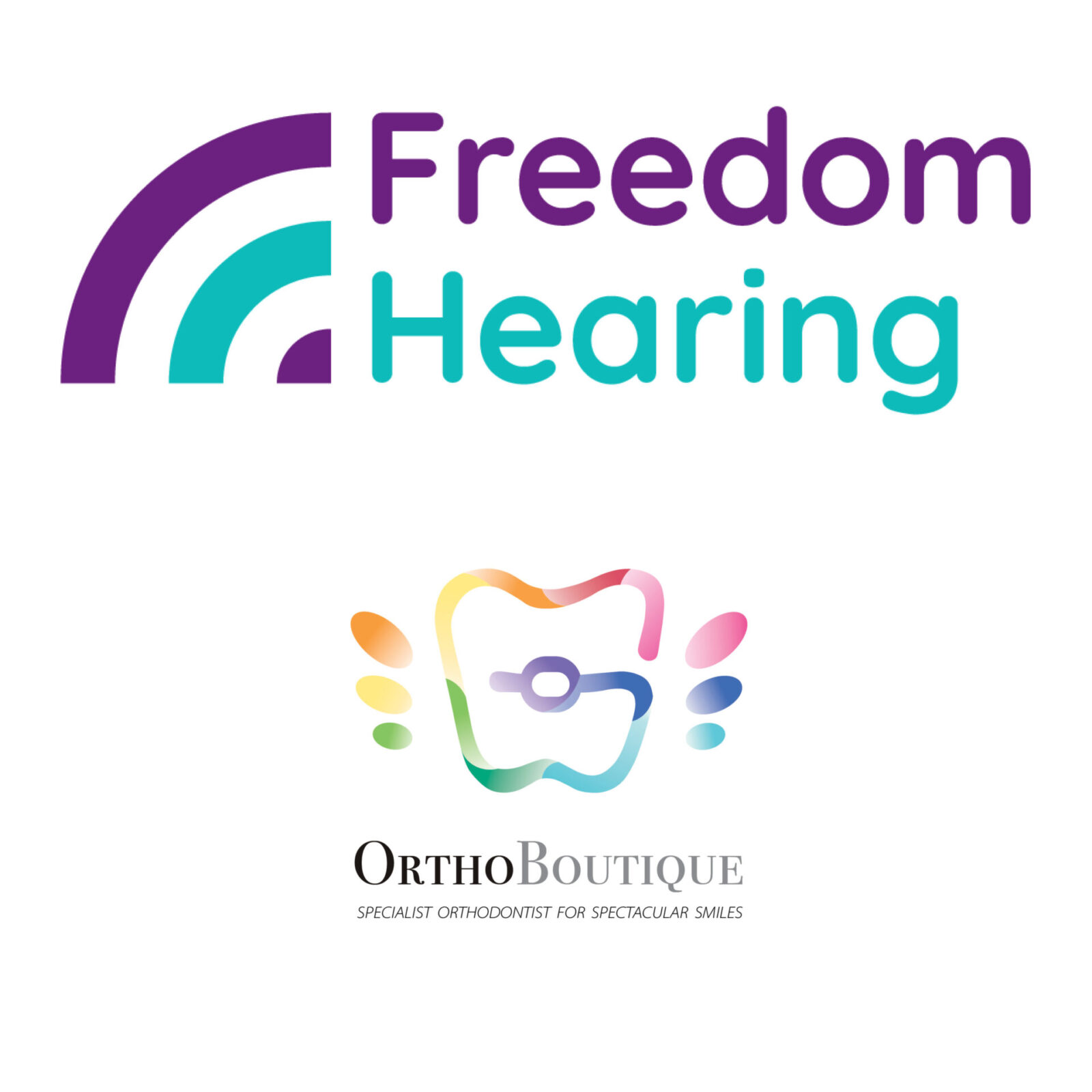 The image shows two logos. The top logo reads Freedom Hearing with purple and teal arcs. The bottom logo is a stylised tooth with rainbow colours and text OrthoBoutique, Specialist Orthodontist for Spectacular Smiles.