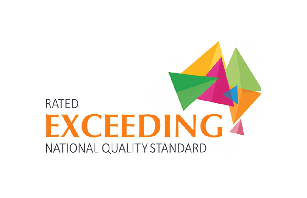 Logo featuring colourful overlapping geometric shapes and the text RATED EXCEEDING NATIONAL QUALITY STANDARD in bold orange and black letters on a white background, highlighting excellence in Early Learning.