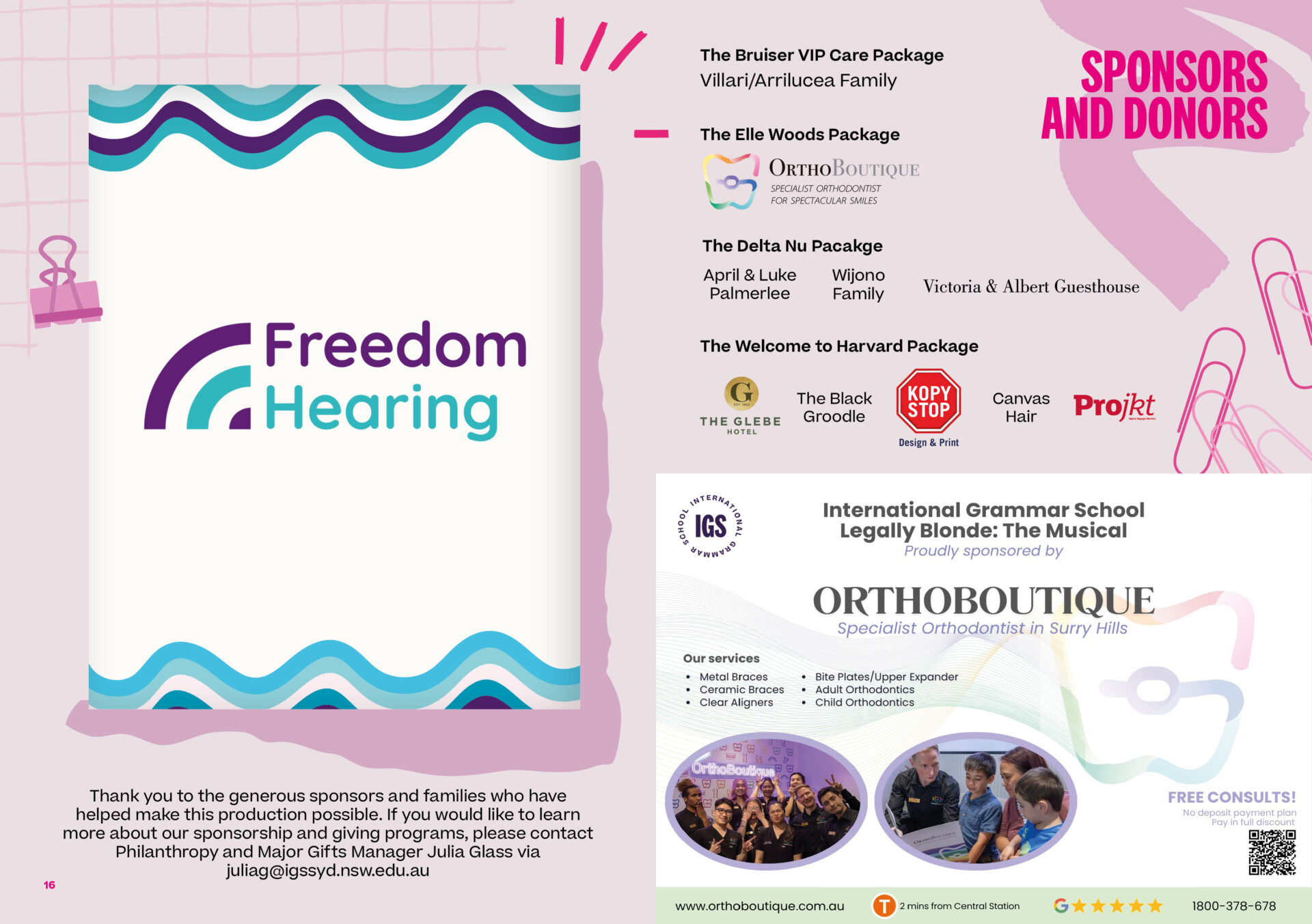 A promotional page listing sponsors and donors for Legally Blonde: The Musical 2026, featuring company logos such as Freedom Hearing, KOPI Stop, and Orthoboutique, alongside sponsor package names and a thank-you note.
