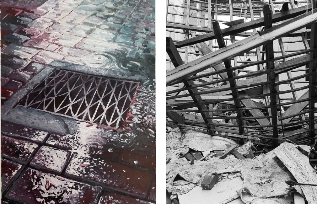 Split image: Left side shows wet bricks and a storm drain with raindrops and puddles. Right side depicts a collapsed structure with broken wooden beams and rubble in black and white, created by prestigious Year 11 Artists in the National Art School Programme.