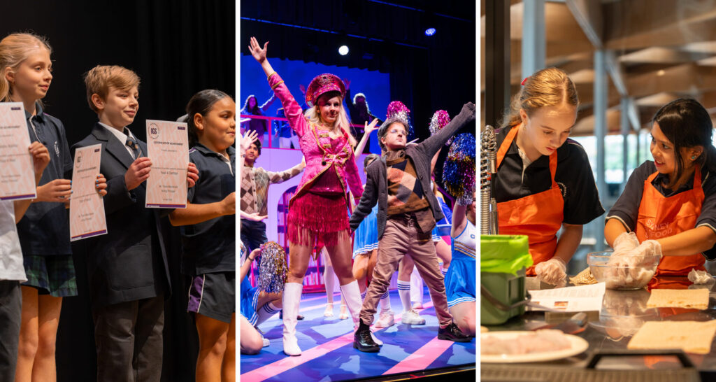 A memorable term is illustrated in this vibrant triptych: left, pupils holding certificates on stage; centre, performing a musical in colourful costumes; right, two girls in aprons enjoying a full hands-on cookery activity together.