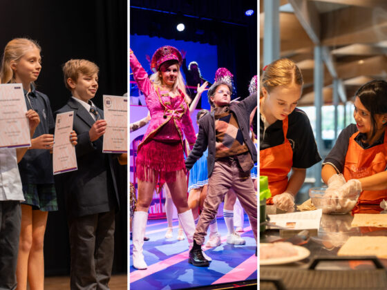 A collage of three scenes captures a Memorable Term in full: students receiving certificates on stage, performers in colourful costumes dancing, and two students in aprons working together in a kitchen classroom.