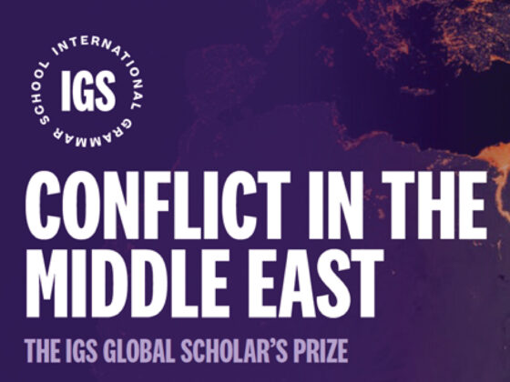 A purple poster with white text reads: Conflict in the Middle East. The IGS Global Scholar’s Prize 2026, with the International Grammar School logo in the top left. A map of Europe and the Middle East is in the background, highlighting this year’s prestigious Global Scholar initiative.
