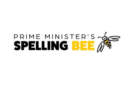 Logo with the text Prime Minister’s Spelling Bee. The words Spelling Bee are bold, with Bee in yellow, and there’s a simple drawing of a bee to the right, capturing the excitement of this prestigious spelling competition for Year 5 pupils.