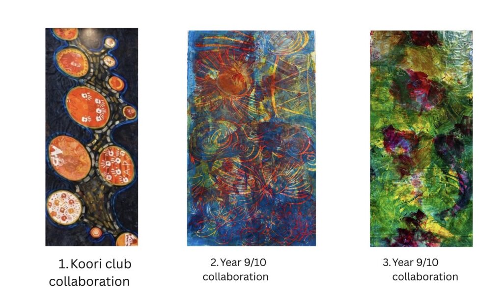 Three panels of student artwork from an artist in residence programme: orange ovals with handprints on a dark background, layered blue and red abstract linework, and an expressive green, yellow, and red painted surface showing creativity.