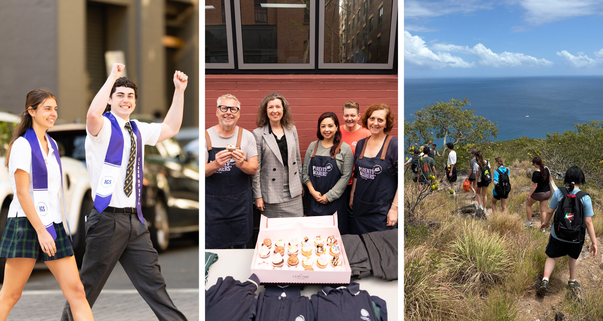 A collage showing a student celebrating graduation, a group with fairy cakes, and students hiking on a coastal footpath during Term 4 of the academic calendar.